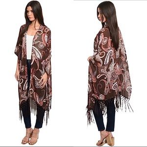 Bear Dance Bohemian Brown Paisley Kimono with Tassels New with Tags Size Various